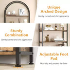 Libreria ad arco a 4 livelli con ante e vano portaoggetti, libreria industriale alta 181 cm con struttura in metallo, libreria curva aperta, espositore