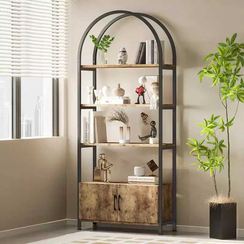 Libreria ad arco a 4 livelli con ante e vano portaoggetti, libreria industriale alta 181 cm con struttura in metallo, libreria curva aperta, espositore