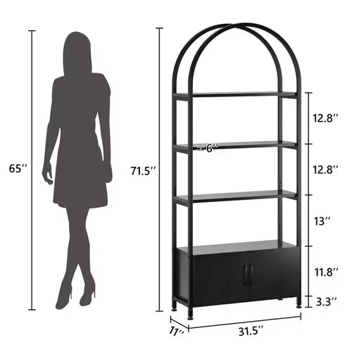 Libreria ad arco a 4 livelli con ante e vano portaoggetti, libreria industriale alta 181 cm con struttura in metallo, libreria curva aperta, espositore