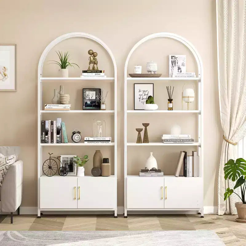 Libreria ad arco a 4 livelli con ante e vano portaoggetti, libreria industriale alta 181 cm con struttura in metallo, libreria curva aperta, espositore