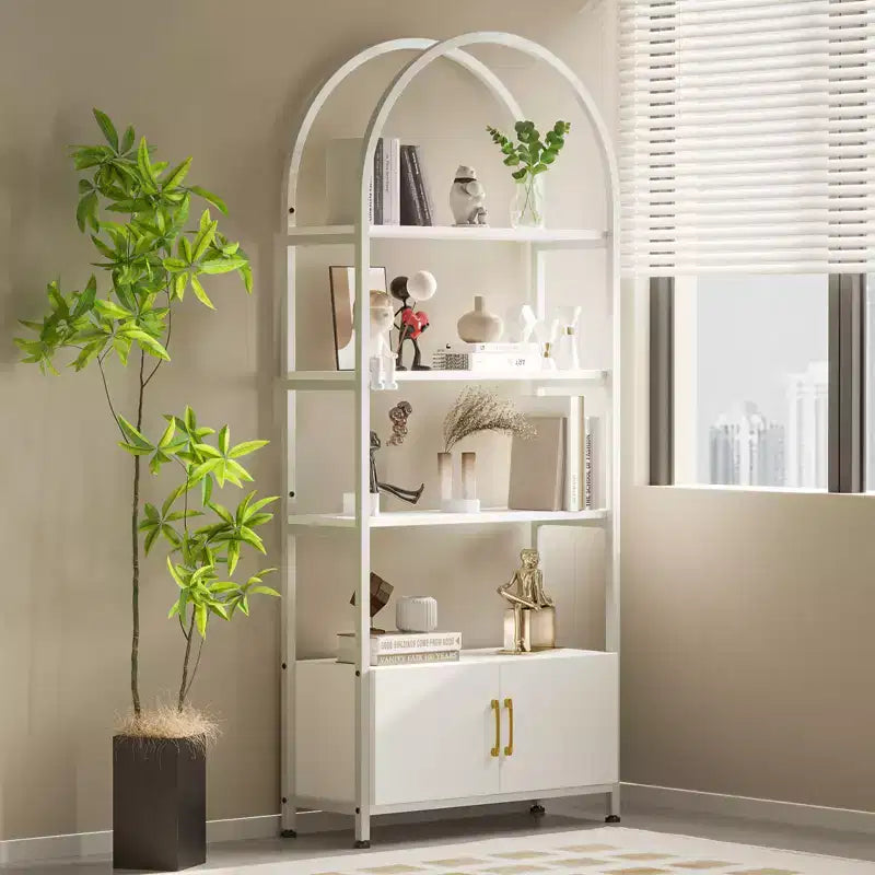 Libreria ad arco a 4 livelli con ante e vano portaoggetti, libreria industriale alta 181 cm con struttura in metallo, libreria curva aperta, espositore