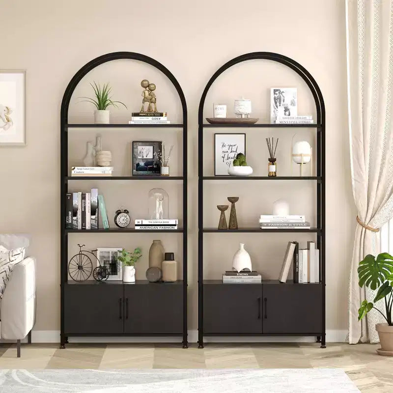 Libreria ad arco a 4 livelli con ante e vano portaoggetti, libreria industriale alta 181 cm con struttura in metallo, libreria curva aperta, espositore