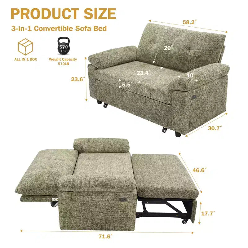 Dyonery Divano Letto Trasformabile 3 in 1 da 147 cm con Letto Estraibile, Divanetto Convertibile con Porta USB/Schienale Reclinabile/Tasca Laterale, Montaggio senza attrezzi