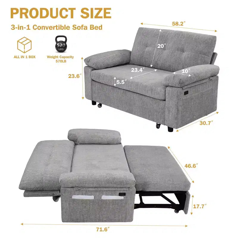 Dyonery Divano Letto Trasformabile 3 in 1 da 147 cm con Letto Estraibile, Divanetto Convertibile con Porta USB/Schienale Reclinabile/Tasca Laterale, Montaggio senza attrezzi