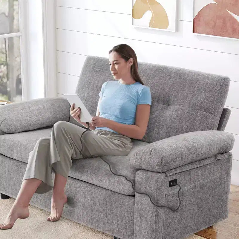 Dyonery Divano Letto Trasformabile 3 in 1 da 147 cm con Letto Estraibile, Divanetto Convertibile con Porta USB/Schienale Reclinabile/Tasca Laterale, Montaggio senza attrezzi