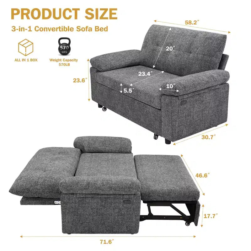 Dyonery Divano Letto Trasformabile 3 in 1 da 147 cm con Letto Estraibile, Divanetto Convertibile con Porta USB/Schienale Reclinabile/Tasca Laterale, Montaggio senza attrezzi