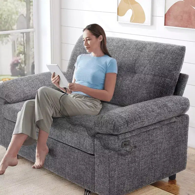 Dyonery Divano Letto Trasformabile 3 in 1 da 147 cm con Letto Estraibile, Divanetto Convertibile con Porta USB/Schienale Reclinabile/Tasca Laterale, Montaggio senza attrezzi