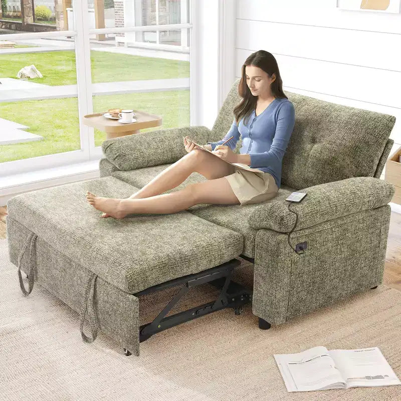 Dyonery Divano Letto Trasformabile 3 in 1 da 147 cm con Letto Estraibile, Divanetto Convertibile con Porta USB/Schienale Reclinabile/Tasca Laterale, Montaggio senza attrezzi