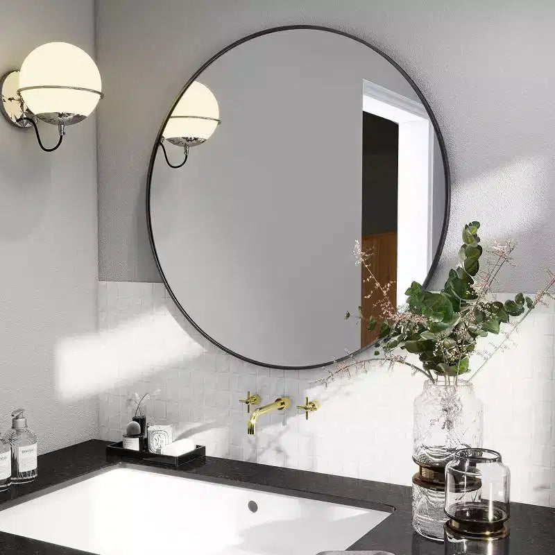 Specchio rotondo da 90 cm, specchio circolare con cornice in metallo, montaggio a parete per ingresso, bagno, vanità, soggiorno