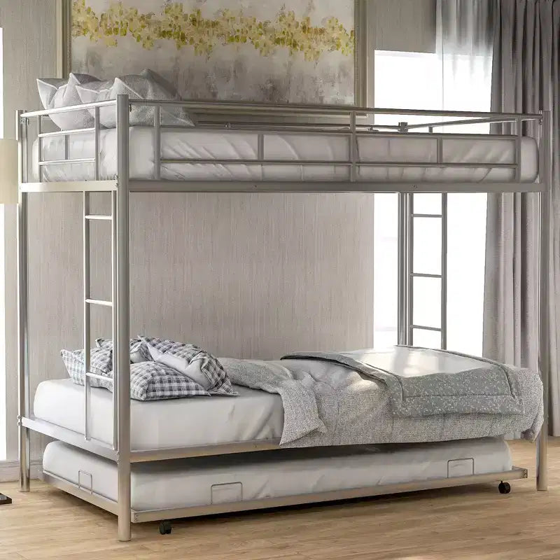 Bellemave Letto a castello in metallo doppio su doppio con rotelle, scaletta e ringhiera di protezione per bambini, ragazzi e adulti, senza molle, argento