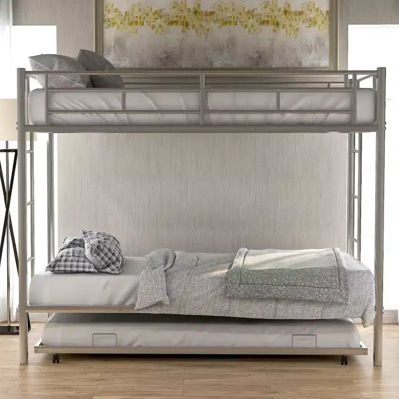 Bellemave Letto a castello in metallo doppio su doppio con rotelle, scaletta e ringhiera di protezione per bambini, ragazzi e adulti, senza molle, argento