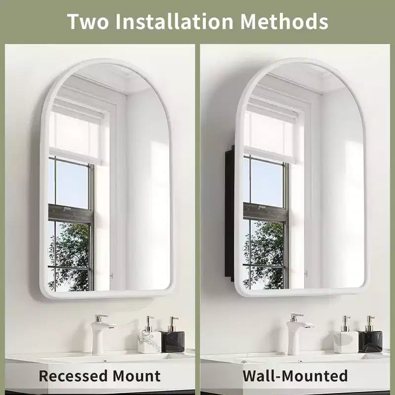 PexFix 35.8 x 24 Mobiletto a specchio da bagno arcuato bianco con cornice in legno a incasso per lavabo da bagno con 2 ripiani
