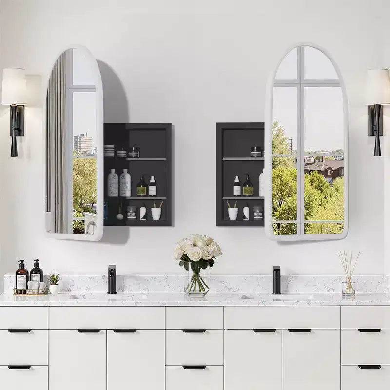 PexFix 35.8 x 24 Mobiletto a specchio da bagno arcuato bianco con cornice in legno a incasso per lavabo da bagno con 2 ripiani