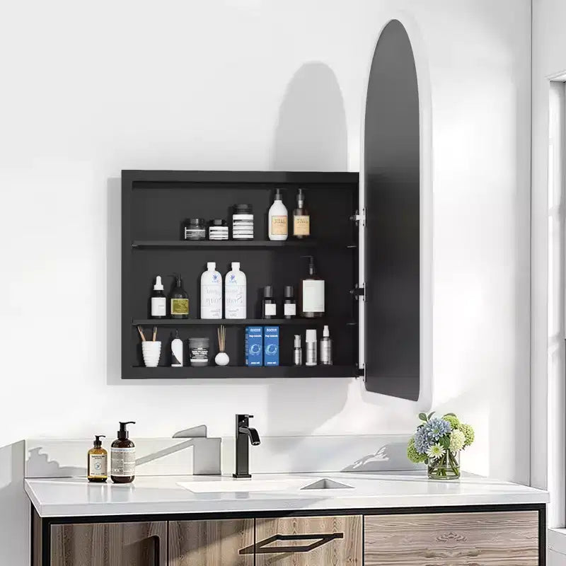 PexFix 35.8 x 24 Mobiletto a specchio da bagno arcuato bianco con cornice in legno a incasso per lavabo da bagno con 2 ripiani