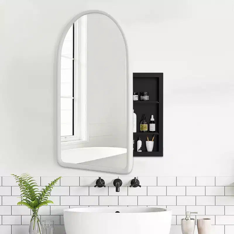 PexFix 35.8 x 24 Mobiletto a specchio da bagno arcuato bianco con cornice in legno a incasso per lavabo da bagno con 2 ripiani