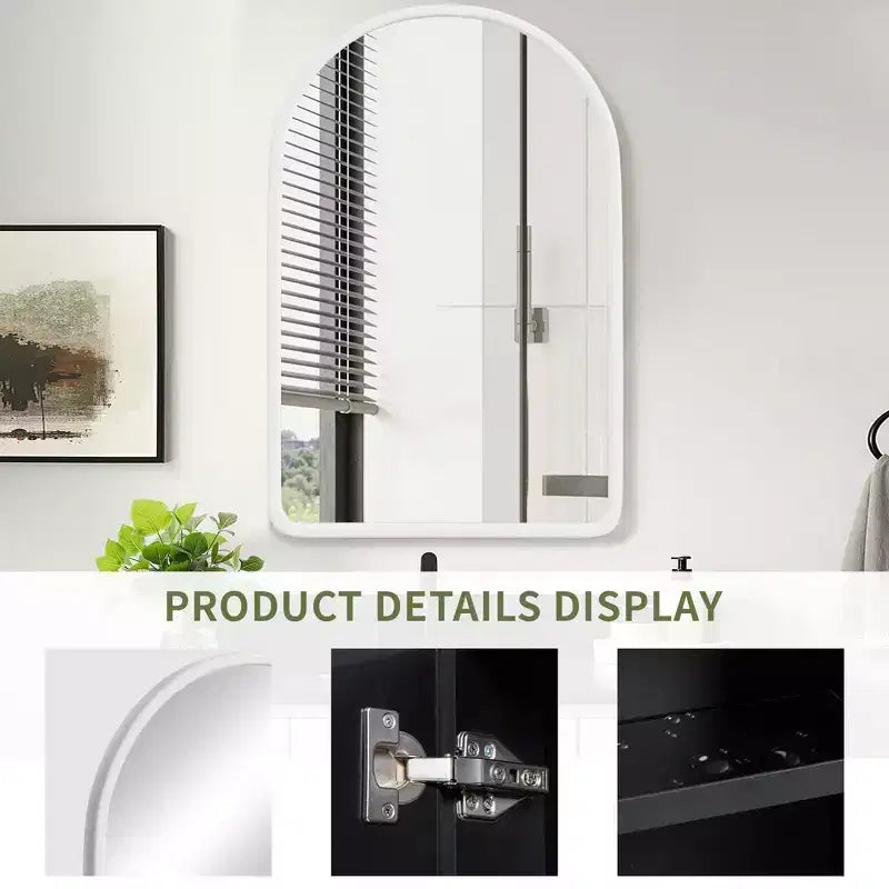 PexFix 35.8 x 24 Mobiletto a specchio da bagno arcuato bianco con cornice in legno a incasso per lavabo da bagno con 2 ripiani