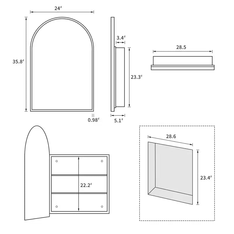 PexFix 35.8 x 24 Mobiletto a specchio da bagno arcuato bianco con cornice in legno a incasso per lavabo da bagno con 2 ripiani