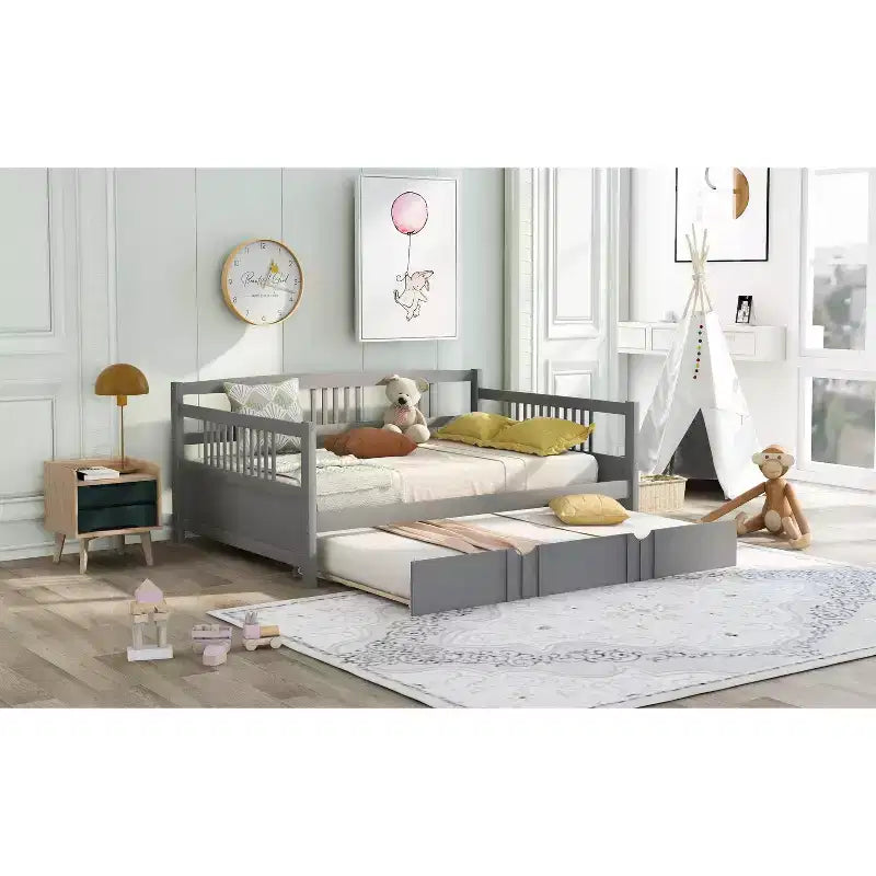 Bellemave Letto Matrimoniale con Lettino Estraibile Singolo, Struttura Letto in Legno con Sponde Protettive, Divano Letto per Camera da Letto/Soggiorno, Nessuna Rete a Molle, Grigio