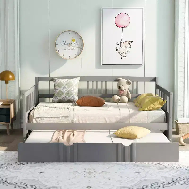 Bellemave Letto Matrimoniale con Lettino Estraibile Singolo, Struttura Letto in Legno con Sponde Protettive, Divano Letto per Camera da Letto/Soggiorno, Nessuna Rete a Molle, Grigio