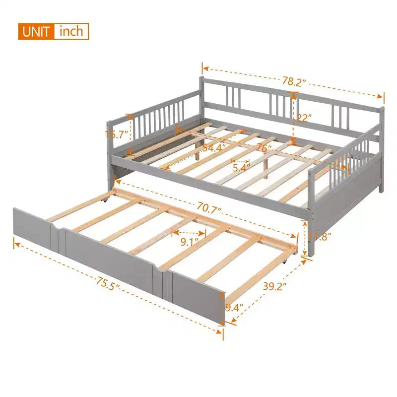 Bellemave Letto Matrimoniale con Lettino Estraibile Singolo, Struttura Letto in Legno con Sponde Protettive, Divano Letto per Camera da Letto/Soggiorno, Nessuna Rete a Molle, Grigio
