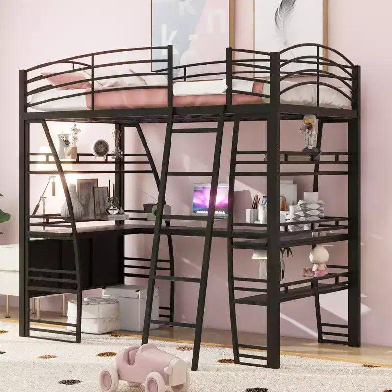 Bellemave Twin Size Loft Bed with Desk and Bookcase with Metal Frame, Loft Bed with Desk and Storage, Black