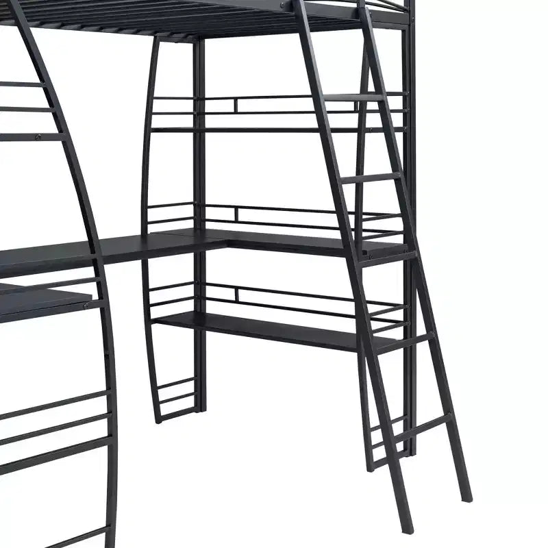 Bellemave Letto a soppalco singolo con scrivania e libreria con struttura in metallo, letto a soppalco con scrivania e contenitore, nero