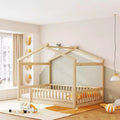 Bellemave Full Size Montessori Floor Bed, Wood House Bed Frame, House Bed for Kids, Montessori Bed with Fence, Playhouse for Kids,Natural