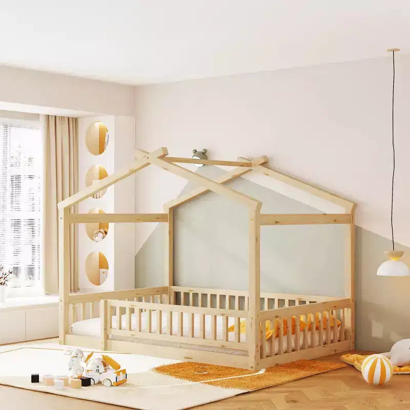 Bellemave Full Size Montessori Floor Bed, Wood House Bed Frame, House Bed for Kids, Montessori Bed with Fence, Playhouse for Kids,Natural