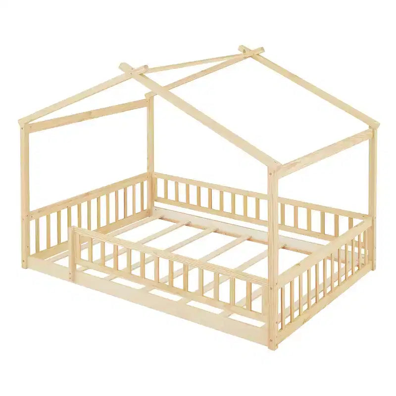 Bellemave Letto a pavimento Montessori completo, Struttura letto a casetta in legno, Letto a casetta per bambini, Letto Montessori con recinzione, Casetta per bambini, Naturale