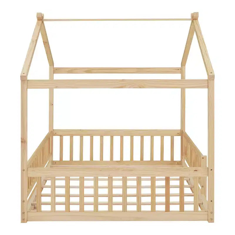 Bellemave Letto a pavimento Montessori completo, Struttura letto a casetta in legno, Letto a casetta per bambini, Letto Montessori con recinzione, Casetta per bambini, Naturale