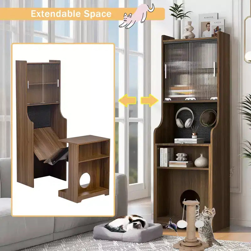 Scrivania da Ufficio Pieghevole, Scrivania da Gaming Adatta agli Animali Domestici con Parte Superiore, Pannello Forato, Lettino e Tiragraffi per Gatti Inclusi, Noce - ModernLuxe