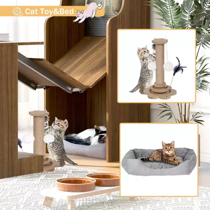 Scrivania da Ufficio Pieghevole, Scrivania da Gaming Adatta agli Animali Domestici con Parte Superiore, Pannello Forato, Lettino e Tiragraffi per Gatti Inclusi, Noce - ModernLuxe