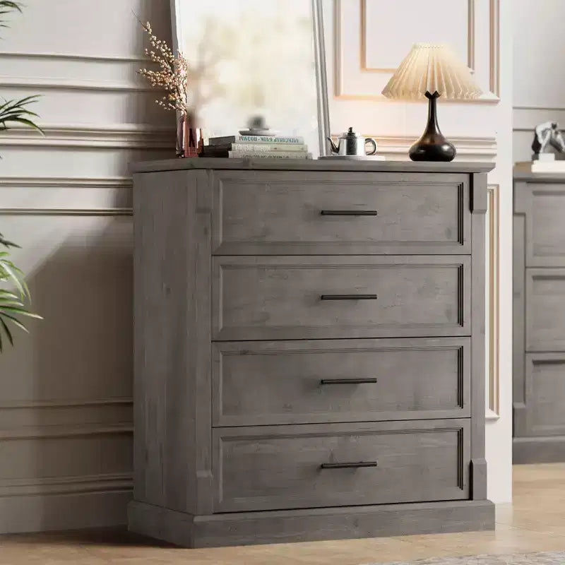 Comò a 4 cassetti per camera da letto, cassettiera in legno alta 88 cm con maniglie in metallo, organizer per vestiti, comodino stretto per camera da letto