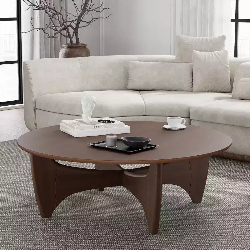 PexFix 38 Tavolino da Caffè Rotondo Moderno in Legno Massello Stile Rustico con Gambe Robuste a Croce per Casa Ufficio Soggiorno, Noce