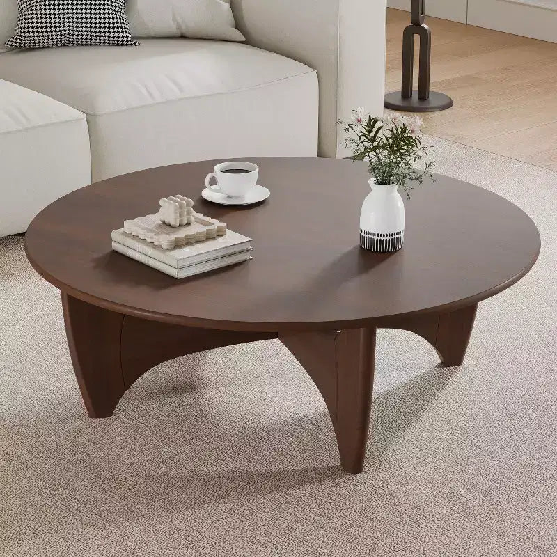 PexFix 38 Tavolino da Caffè Rotondo Moderno in Legno Massello Stile Rustico con Gambe Robuste a Croce per Casa Ufficio Soggiorno, Noce