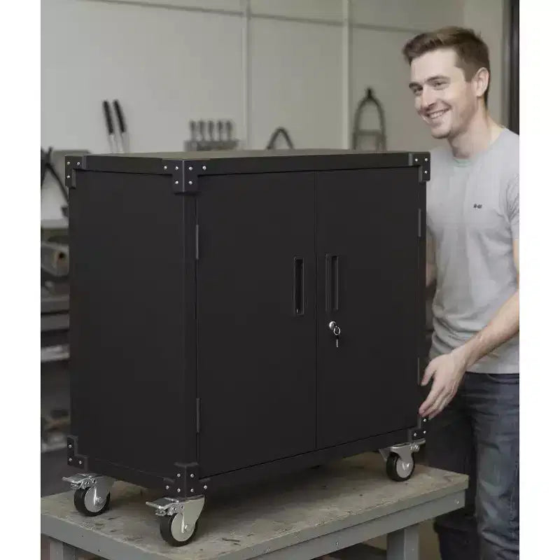 COZONY Armadietto metallico con ruote Armadio portautensili con serratura Ripiani regolabili Garage Ufficio Nero
