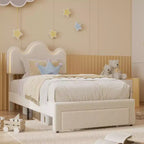 Struttura letto imbottita con piattaforma per bambini/ragazze con testiera a fiori e illuminazione integrata, letto in tessuto bouclé con cassetti portaoggetti, rosa/bianco