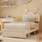 Struttura letto imbottita con piattaforma per bambini/ragazze con testiera a fiori e illuminazione integrata, letto in tessuto bouclé con cassetti portaoggetti, rosa/bianco