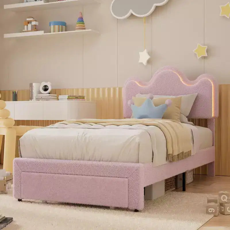 Struttura letto imbottita con piattaforma per bambini/ragazze con testiera a fiori e illuminazione integrata, letto in tessuto bouclé con cassetti portaoggetti, rosa/bianco