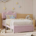Kids/Girls Upholstered Platform Bed Frame with Flower Headboard & Built-In Lighting, Boucle Fabric Bed with Storage Drawers, Pink/White