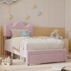 Kids/Girls Upholstered Platform Bed Frame with Flower Headboard & Built-In Lighting, Boucle Fabric Bed with Storage Drawers, Pink/White