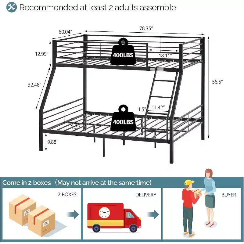 Vingli letto a castello per bambini/adulti con scaletta con pioli piatti, doghe in metallo resistente, nessuna necessità di rete, nero