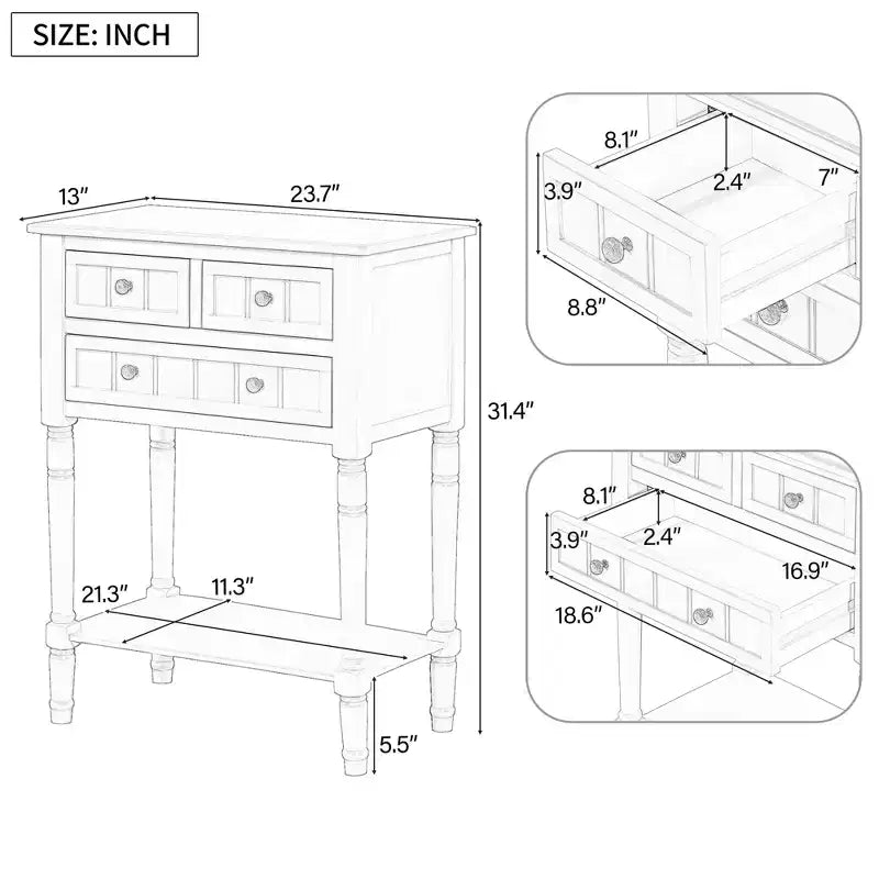 Tavolino Console Stretto Bellemave, Tavolino da Divano Sottile con Tre Cassetti e Ripiano Inferiore, Beige