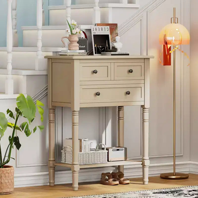 Tavolino Console Stretto Bellemave, Tavolino da Divano Sottile con Tre Cassetti e Ripiano Inferiore, Beige