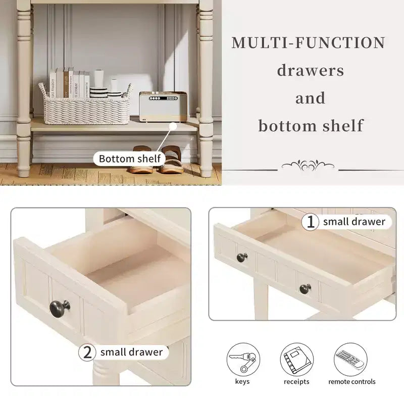 Tavolino Console Stretto Bellemave, Tavolino da Divano Sottile con Tre Cassetti e Ripiano Inferiore, Beige