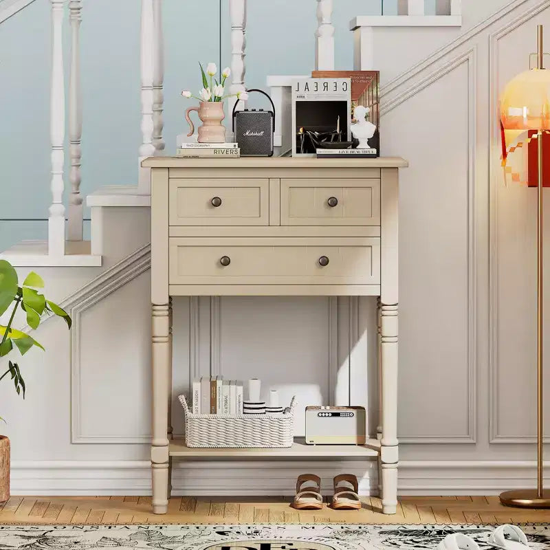 Tavolino Console Stretto Bellemave, Tavolino da Divano Sottile con Tre Cassetti e Ripiano Inferiore, Beige