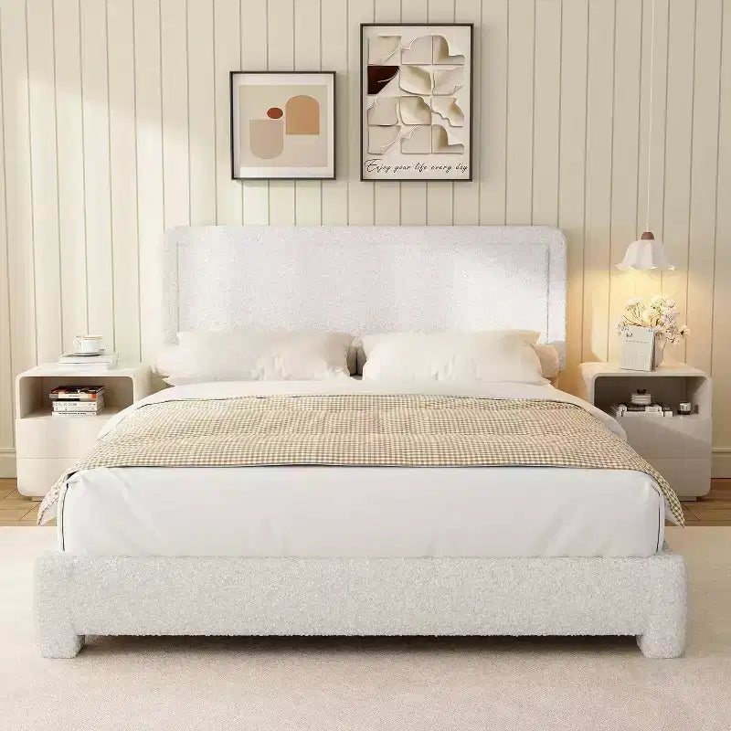 Dyonery Struttura Letto Bouclé, Struttura Letto Rivestita in Tessuto Teddy, Angoli Arrotondati Morbidi, Testiera Regolabile, Montaggio Facile