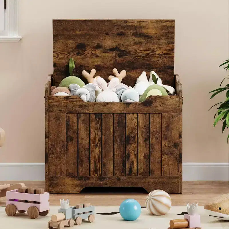 Baule portaoggetti in legno da 63 cm, Contenitore giocattoli per bambini, Panchina portaoggetti con coperchio incernierato di sicurezza, Panchina contenitore per ingresso, soggiorno, camera da letto