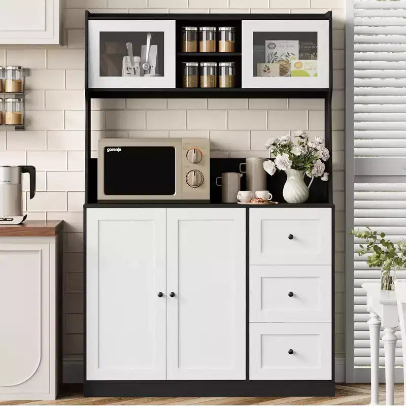 CuisinSmart Mobile Dispensa-Credenza da Cucina Alta 170 cm, Armadio per Bar e Caffè con 3 Cassetti e Luci, Dispensa Autoportante