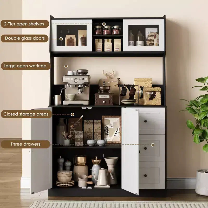 CuisinSmart Mobile Dispensa-Credenza da Cucina Alta 170 cm, Armadio per Bar e Caffè con 3 Cassetti e Luci, Dispensa Autoportante